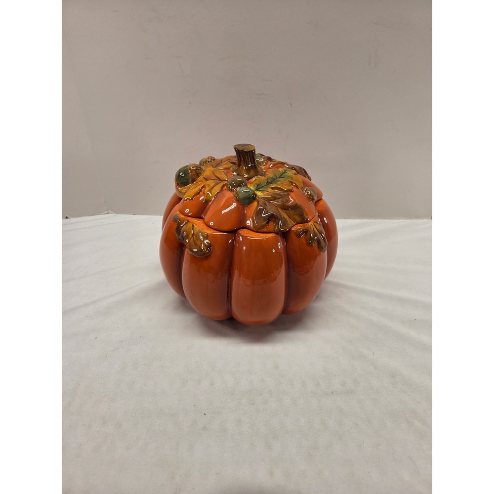 Ceramic Pumpkin Cookie Jar Fall Harvest Orange Glazed Lidded Canister Acorn Leaf